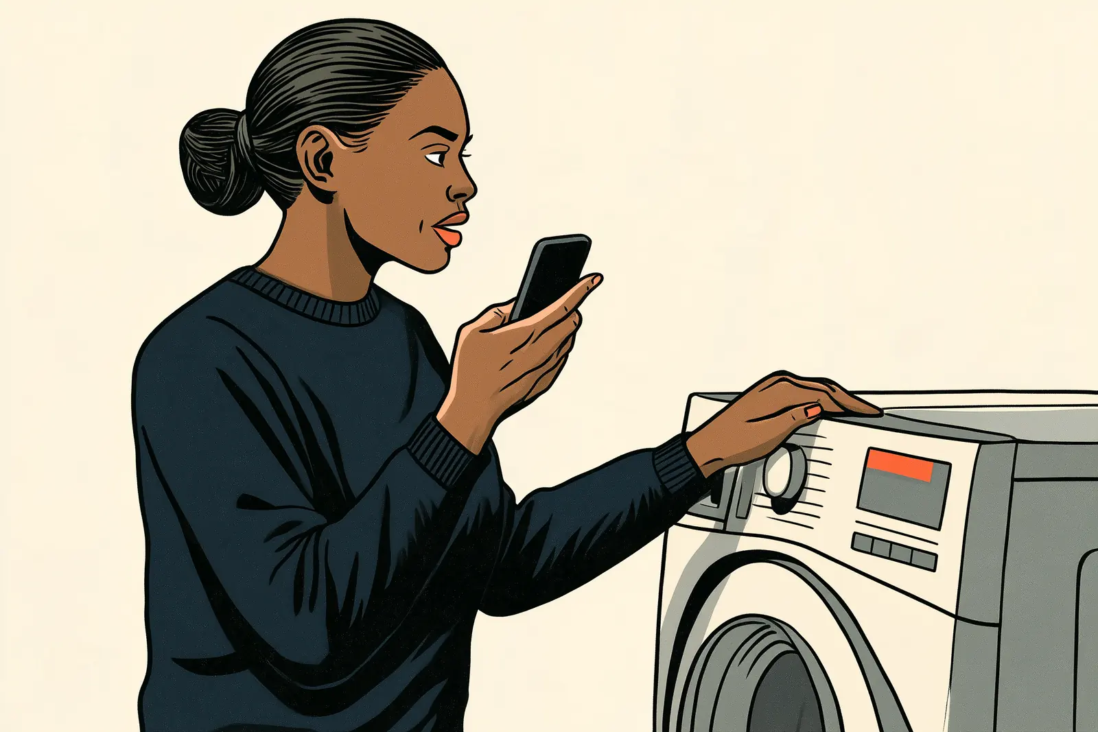 A homeowner in her laundry room asking her phone who to call