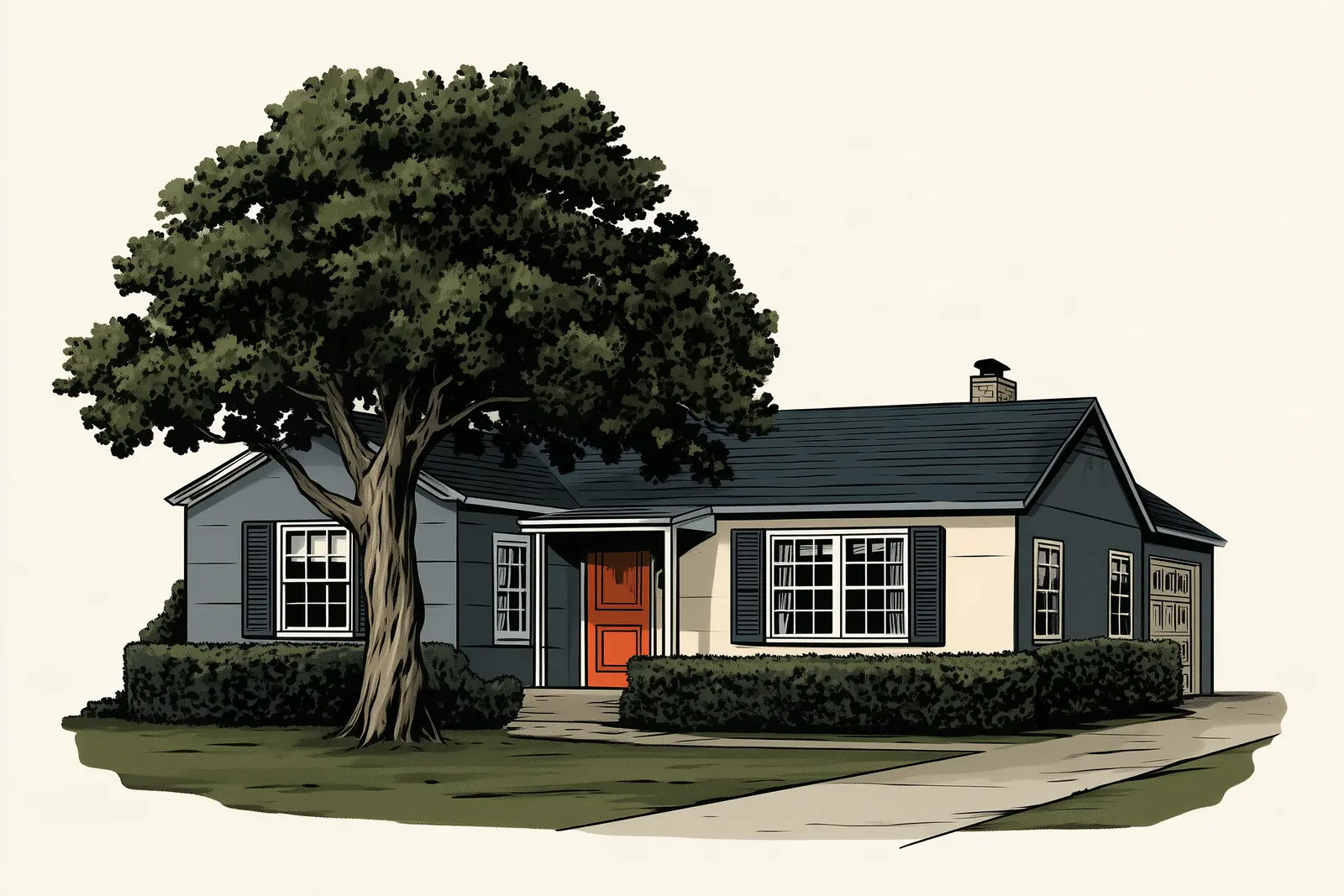 An older ranch house with a large oak in the front yard