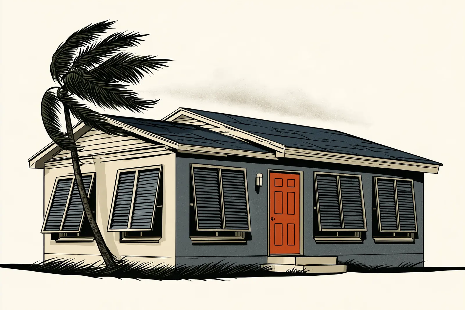 A house with storm shutters closed and a palm bending in the wind