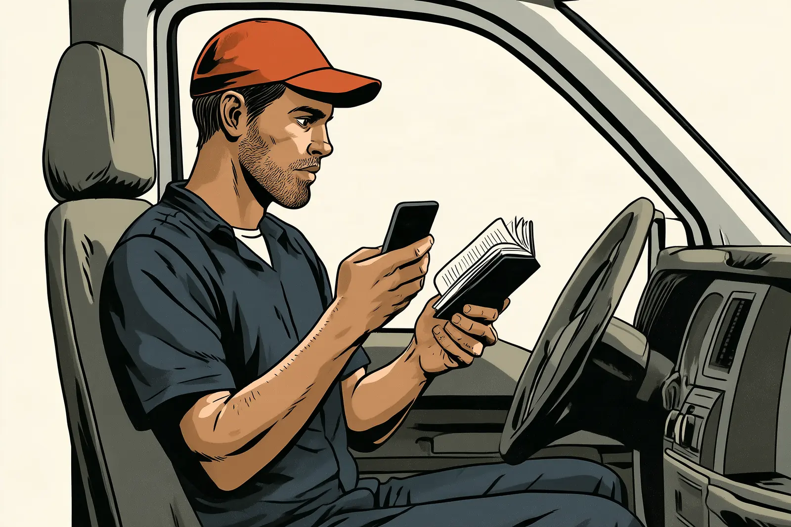 A plumber in his van checking his phone against a notebook