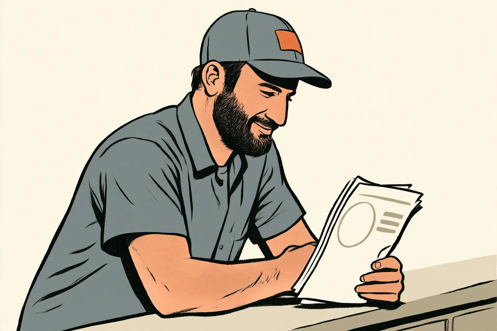 A plumber leaning on a counter, reading his audit report