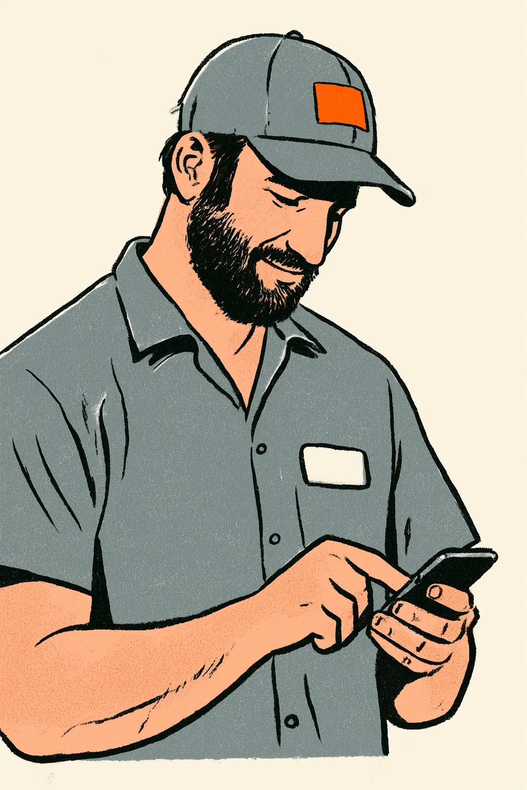 A plumber in a grey work shirt and cap, approving a page on his phone