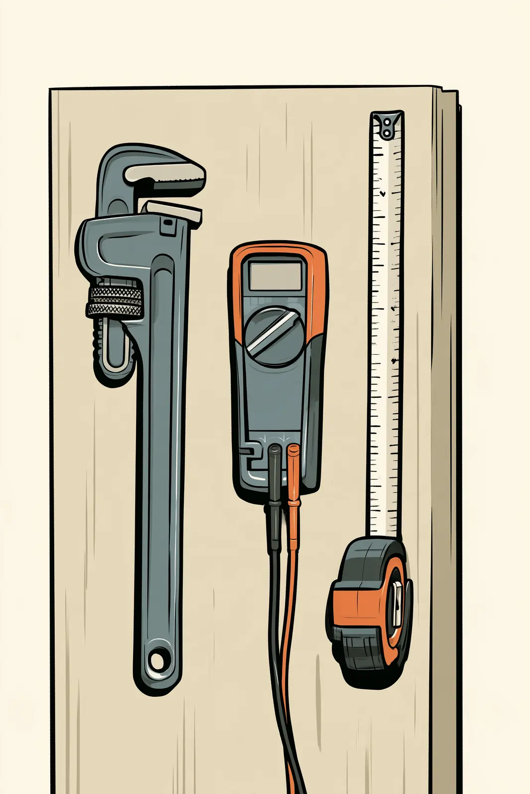 A pipe wrench, multimeter, and tape measure laid out on a board