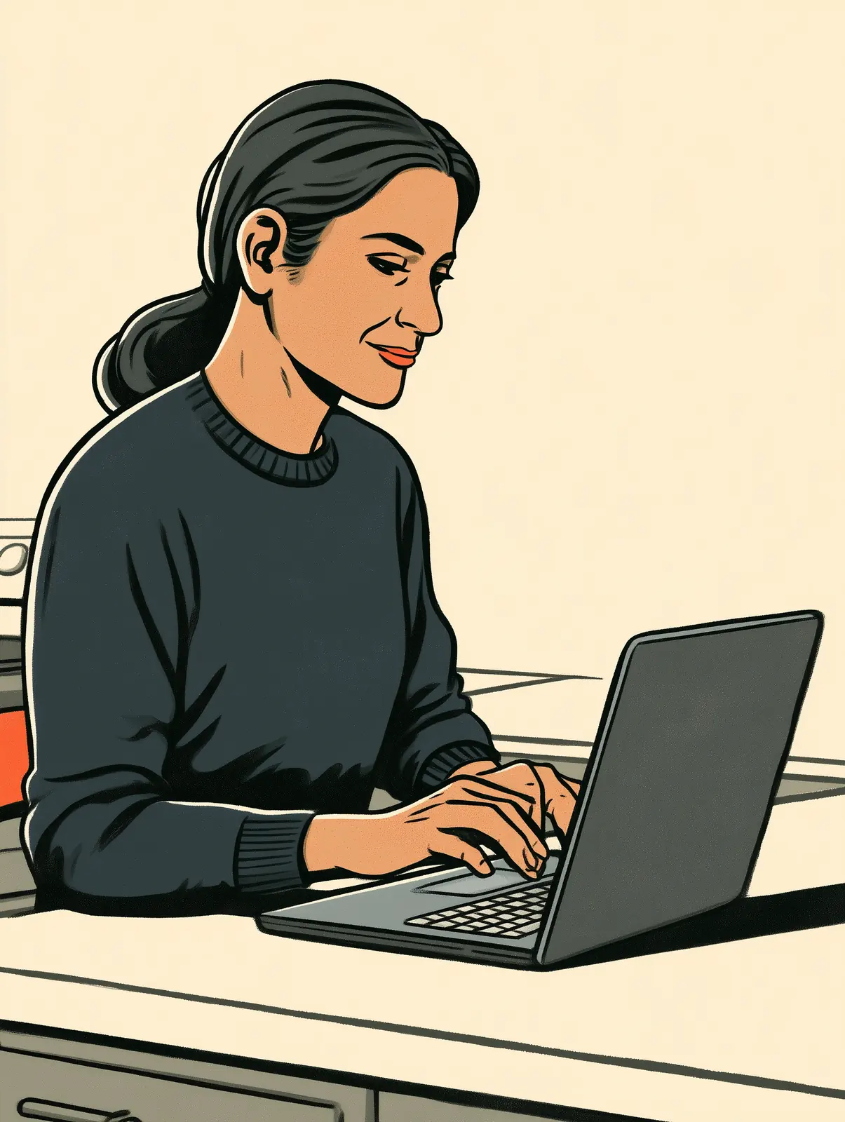 A woman at a kitchen counter asking her laptop who to call