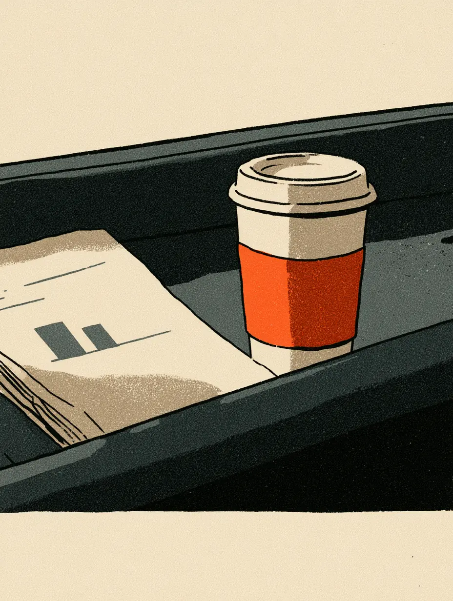 A printed report and a coffee on a truck seat