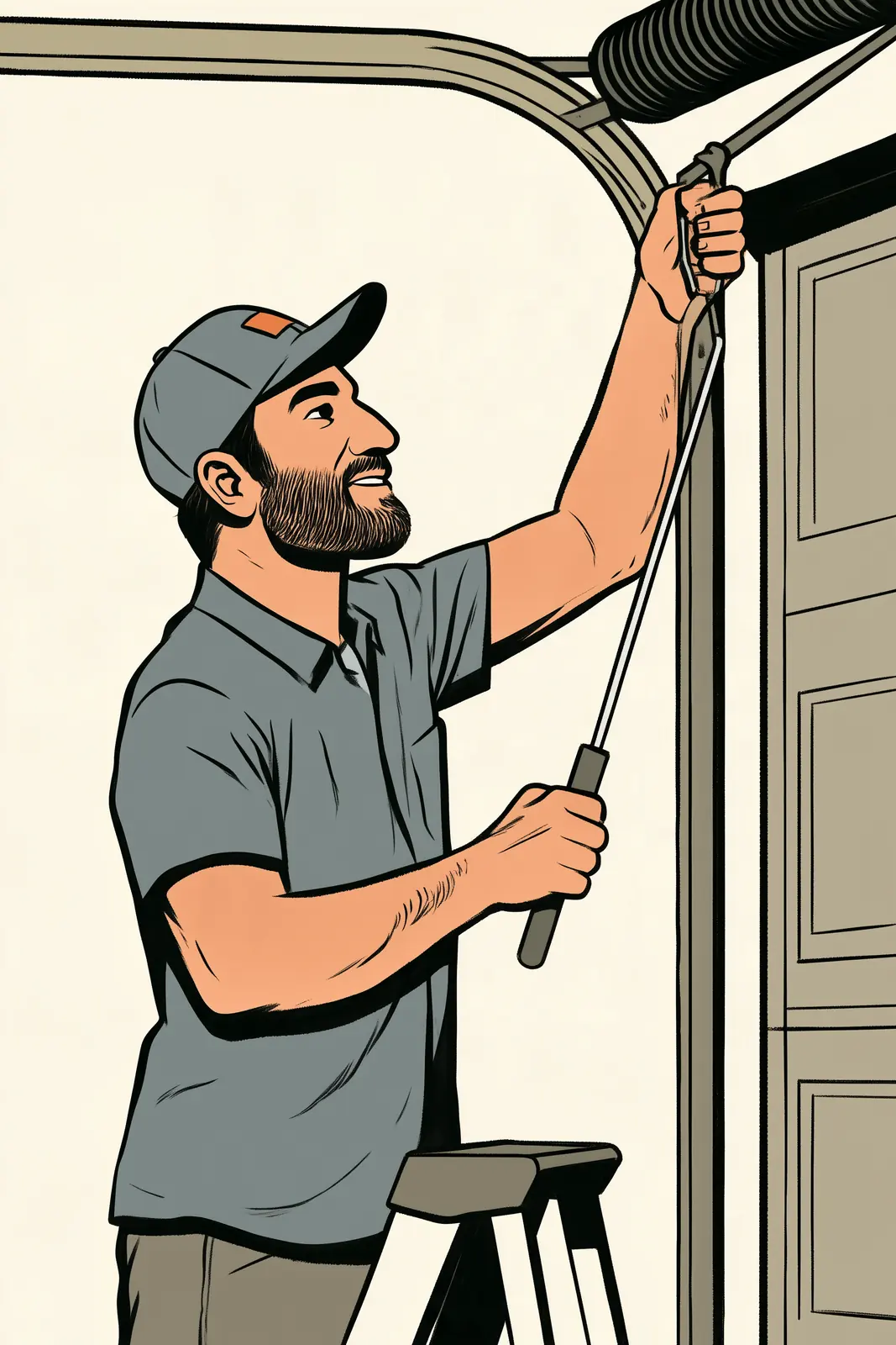 A garage door technician adjusting a spring from a ladder