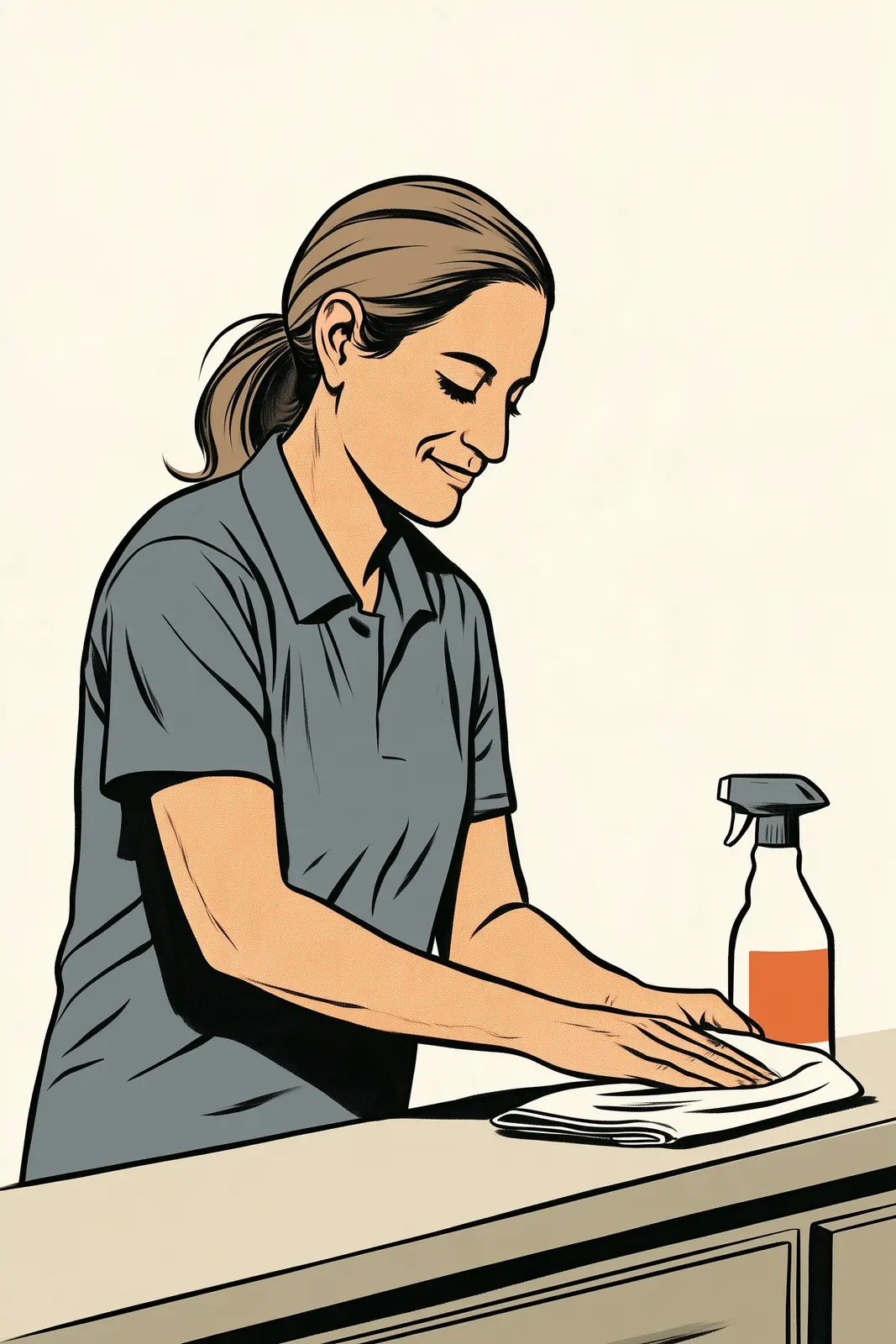 A house cleaner wiping down a kitchen counter, spray bottle beside her
