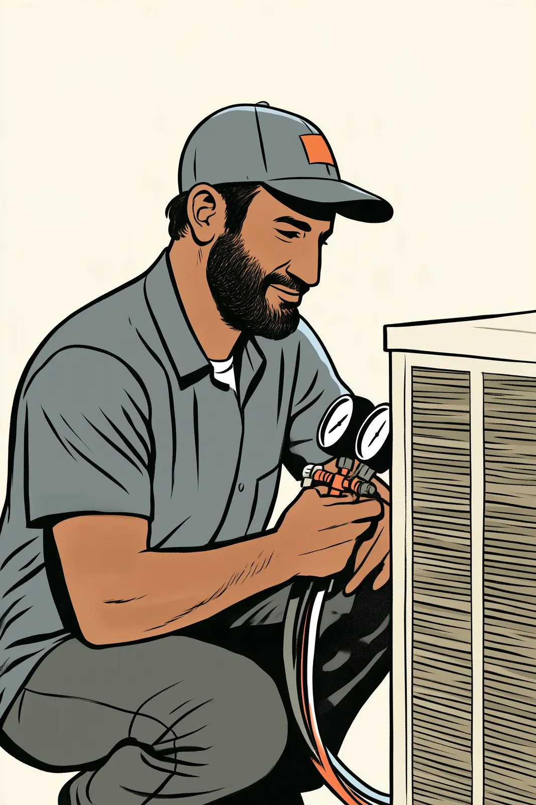 An HVAC technician checking gauges on a condenser