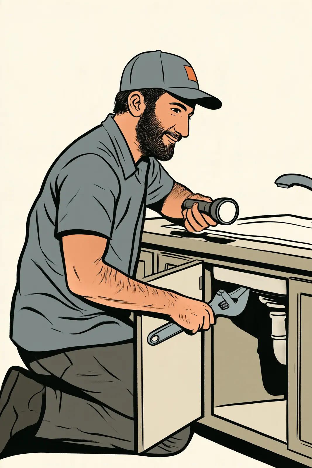 A plumber under a sink with a flashlight and wrench