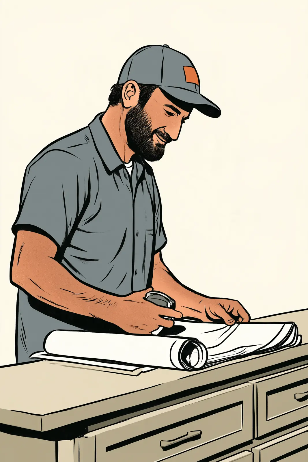 A remodeling contractor reviewing plans at a counter