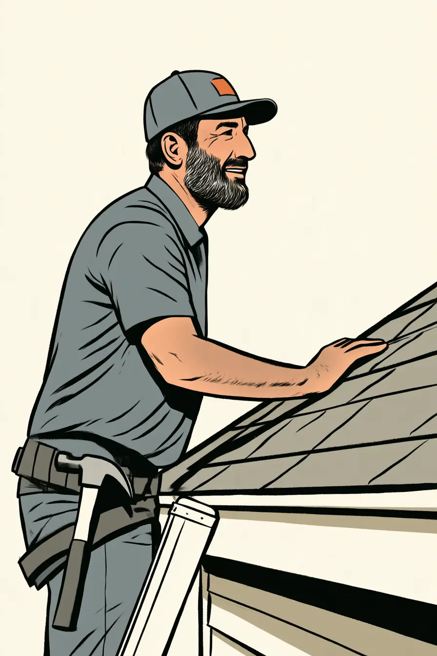 A roofer at the roofline, hand on the shingles